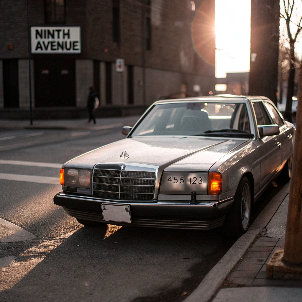 AI generated image by Red Panda AI: On a sunny day, a Mercedes with a license plate number "456 123" was parked at the intersection. There was a sign with "Ninth Avenue" next to the intersection.