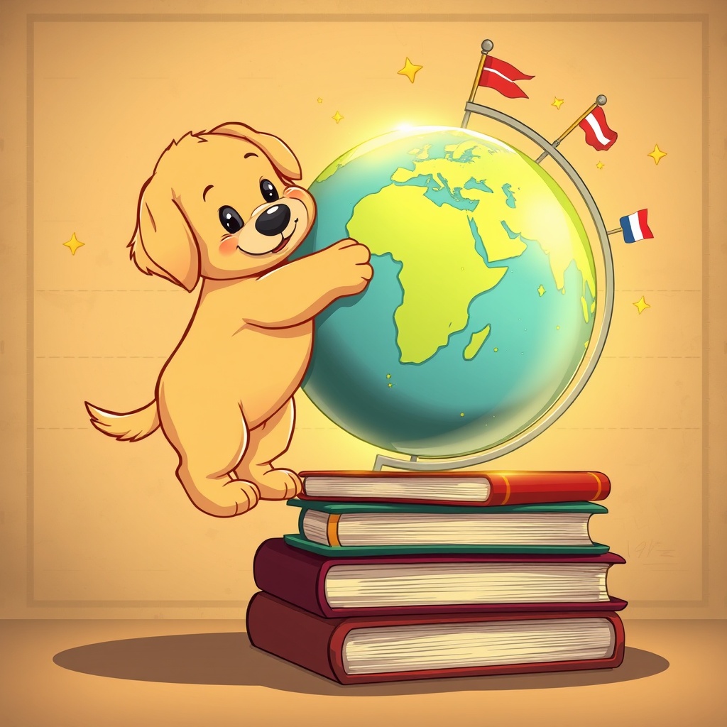 AI generated image by FLUX.1-schnell: "Cartoon-style avatar featuring an adorable golden retriever puppy standing on a stack of books, playfully pawing at a glowing Earth globe with visible map details. Vibrant colors, clean line art, soft shadows. The globe emits faint golden light particles, surrounded by floating stars and miniature national flags. Background shows subtle parchment texture with latitude/longitude lines. Warm lighting, 3D rendering with 2D comic aesthetic, ultra-high 