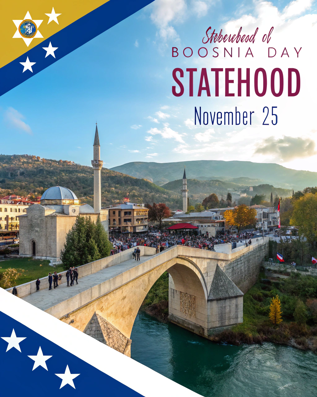 AI generated image by Red Panda AI: Make me a post on November 25, the statehood day of Bosnia and Herzegovina with an integrated image of Sarajevo