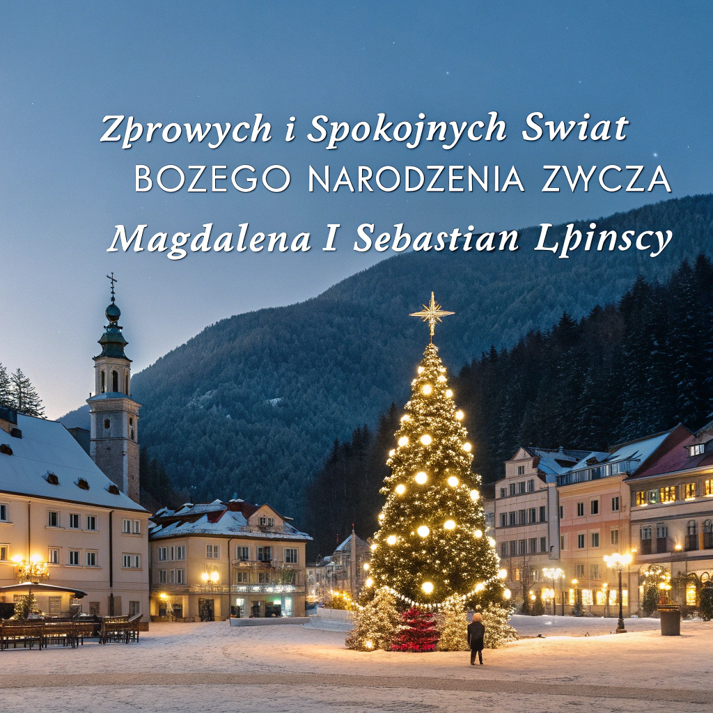 AI generated image by Red Panda AI: Generate a Christmas card with fairy tale graphics. A town in the mountains, lit up with lanterns in the evening and a very large Christmas tree decorated with many presents in the middle of the central square. On the card, place the following inscription: ZDROWYCH I SPOKOJNYCH ŚWIĄT BOŻEGO NARODZENIA ŻYCZĄ MAGDALENA I SEBASTIAN LIPIŃSCY