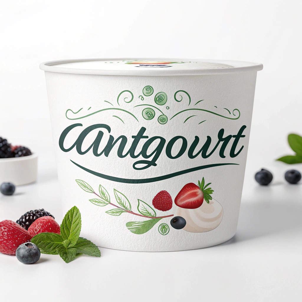 AI generated image by Red Panda AI: Realiza un logo sobre yogurt donde el nombre central sea Antgourt, el logo debe ser mas profesional y la letra en cursiva 