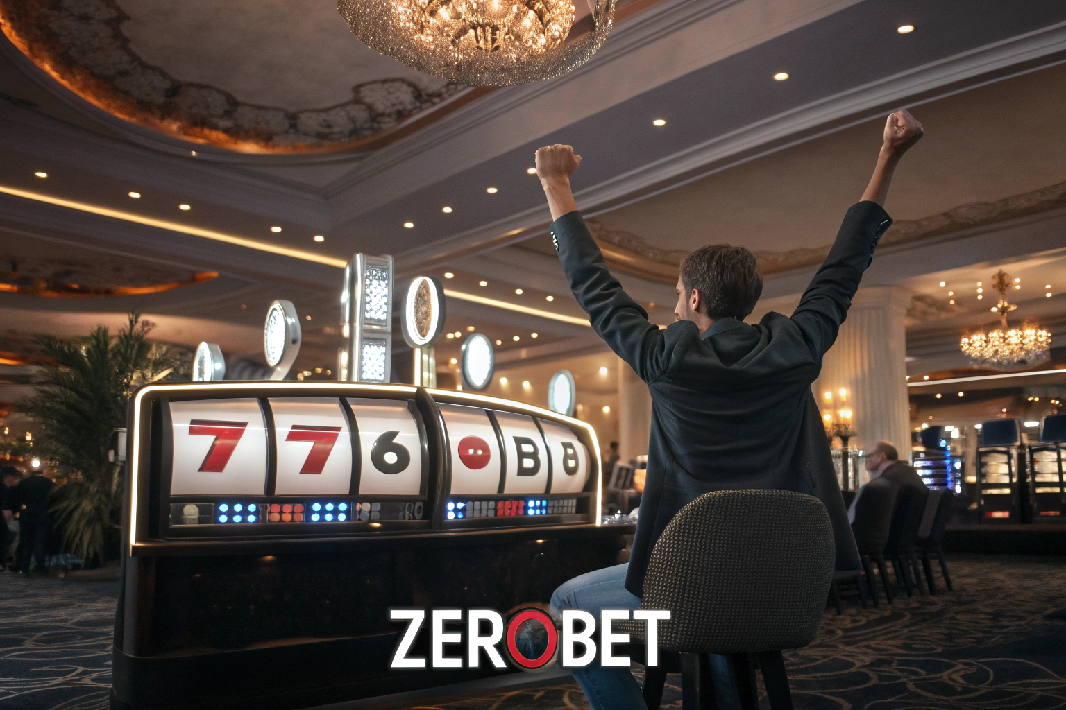 AI generated image by Red Panda AI: Generate a picture of a man winning in casino, with five 7 simbols, a casino is called ZeroBet
