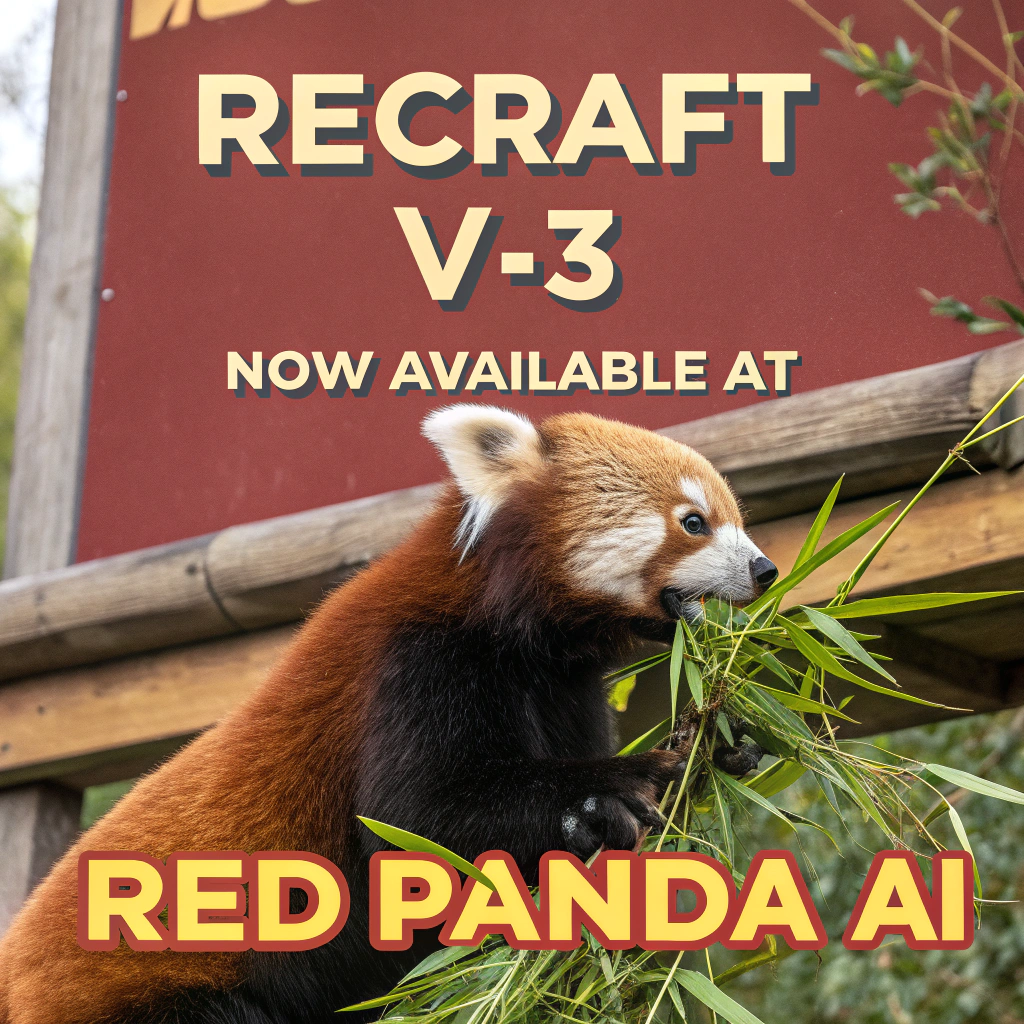 AI generated image by Red Panda AI: a red panda eating a bamboo in front of a poster that says "recraft V3 now available at red panda ai
