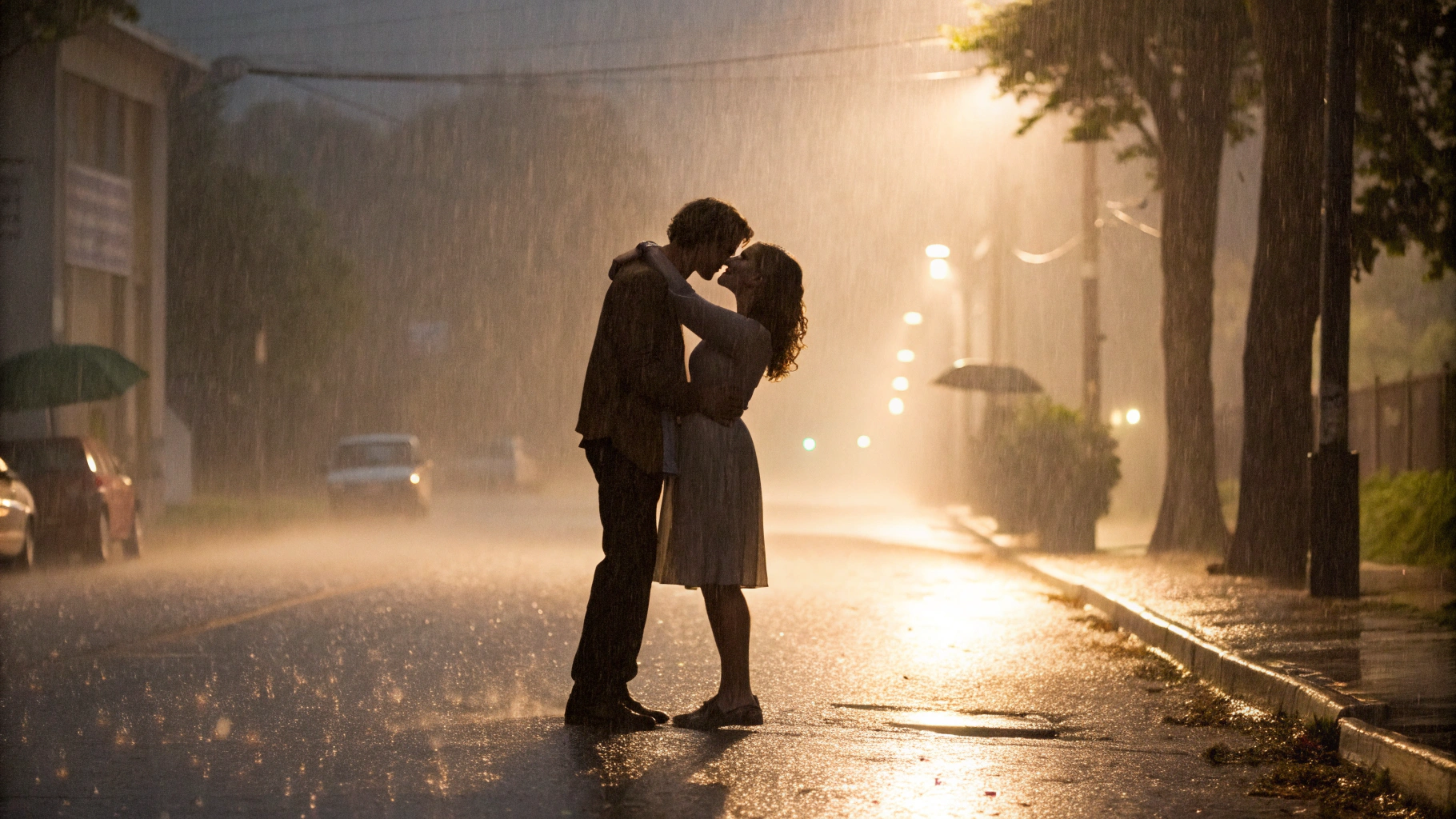 AI generated image by Red Panda AI: um casal se abraçando no meio de uma rua chuvosa, com luz baixa e nevoas ao redor. 