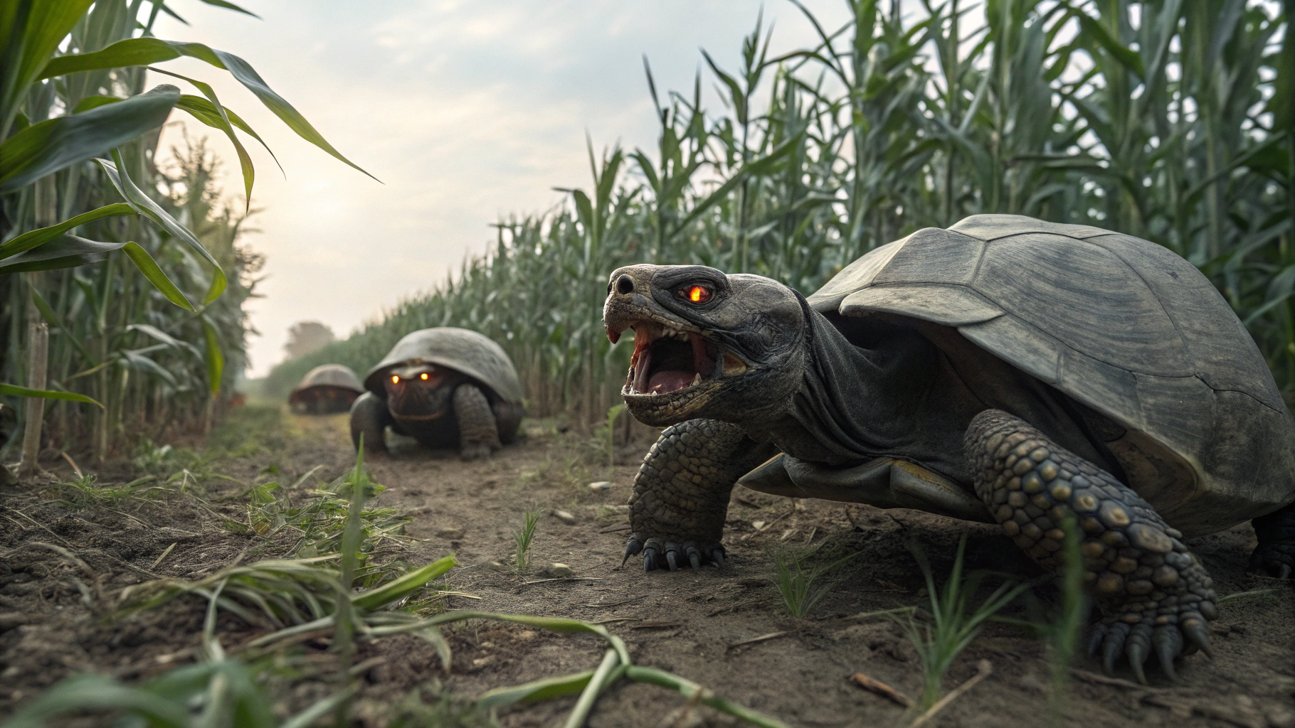 AI generated image by Red Panda AI: Venomous turtles in a cornfield, the turtles are clearly evil, turtles that can kill, dangerous turtles