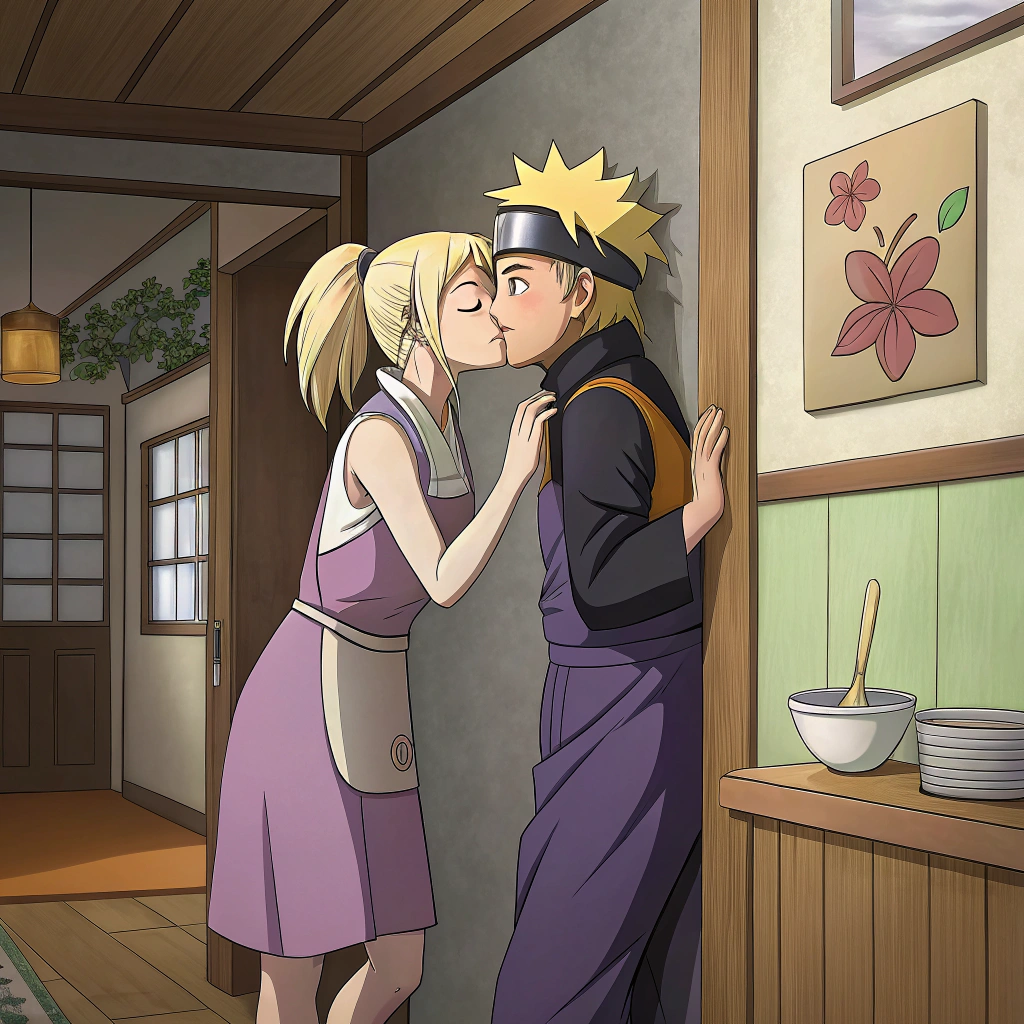 AI generated image by Red Panda AI: A scene from anime where Ino yamanaka wearing a purple dress is passionately kissing naruto against a wall while hinata hyuuga is cooking in the next room