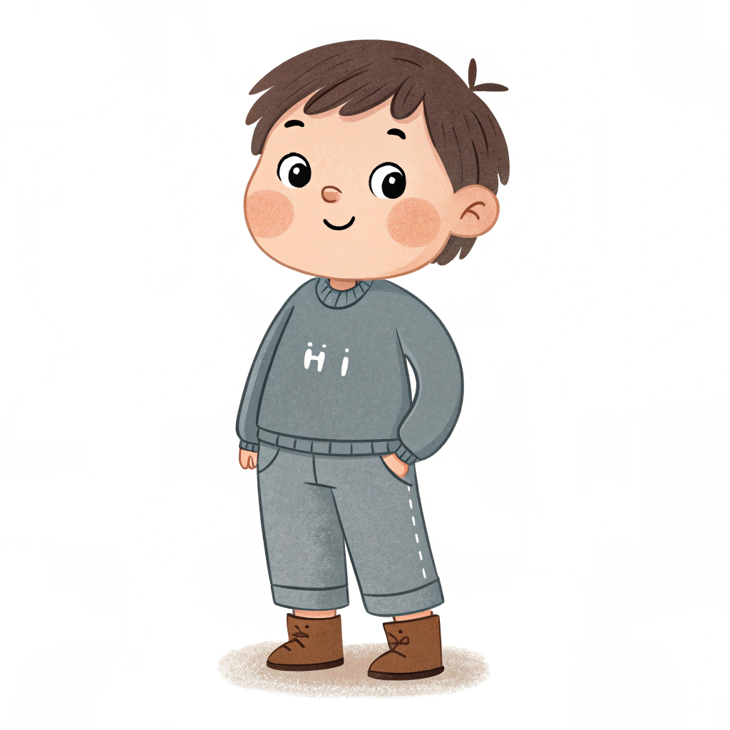 AI generated image by Red Panda AI: Create a short boy wearing a gray long-sleeve shirt and gray long pants with "hi" written on the shirt. He has little hair, chubby cheeks, and his mouth is pink. His eyes, nose, and mouth are visible. He is wearing brown boots.
