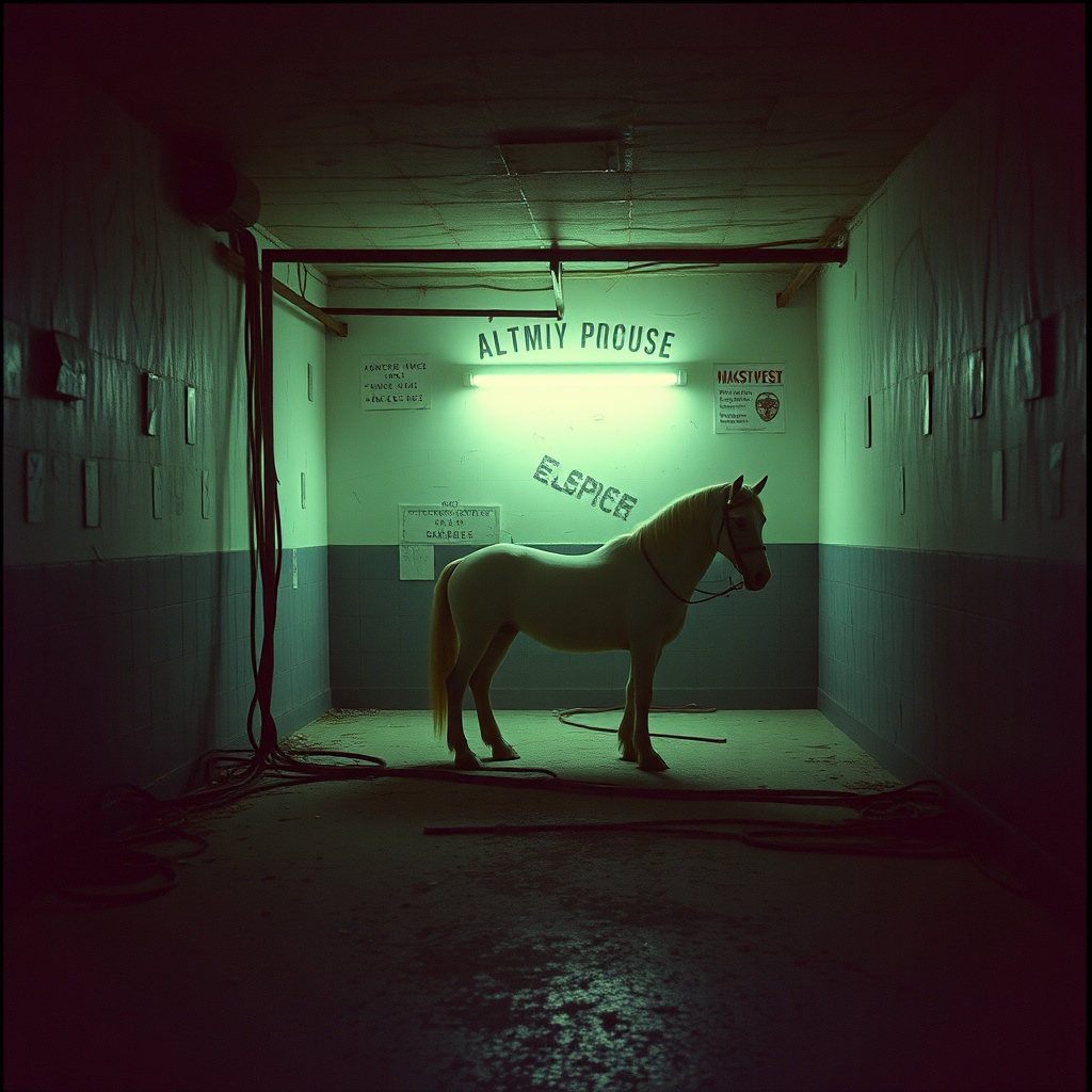 AI generated image by FLUX.1-schnell: analog flash photo of an abandoned, empty, frozen in time and slightly unsettling, but also familiar, white horse, Nostalgia, familiarity, discomfort, after hours, urbancore, liminal space the effect of being in a retro horror or RPG video game --v 6.0