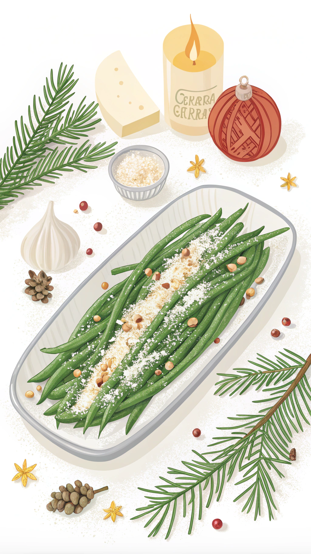 AI generated image by Red Panda AI: Illustrate a platter of green beans sautéed with garlic and topped with grated parmesan cheese. Arrange them elegantly on a long plate, garnished with a sprinkle of chili flakes. Incorporate holiday elements like a warm candle glow, Christmas ornaments, or pine branches around the dish. Use clean, flat colors and soft pastel tones for a festive recipe layout.