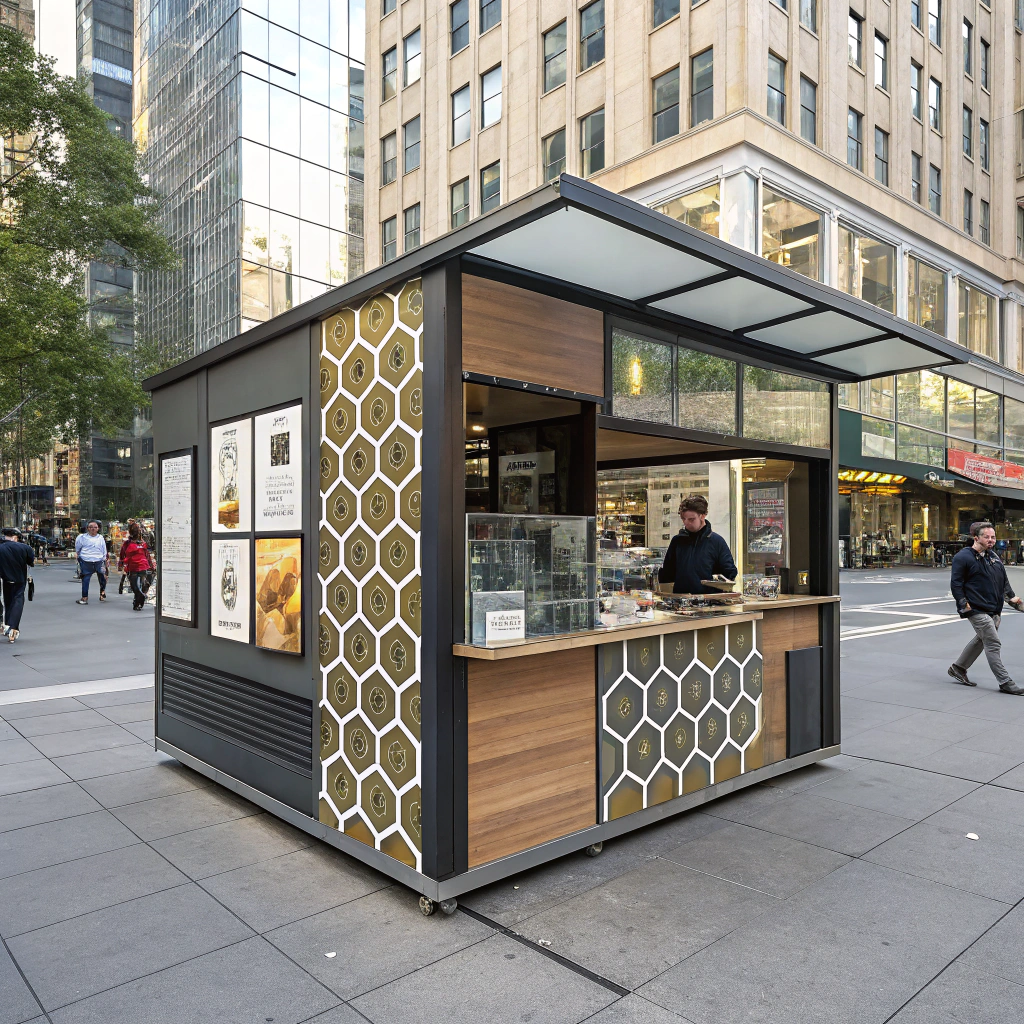 AI generated image by Red Panda AI: Create an image of a compact, square-shaped food stall designed to be located on a busy city sidewalk. The stall should be visually striking with a geometric, hexagonal pattern as the central design concept. The exterior of the stall should have clean lines and modern materials, featuring elements like glass, wood, or metal. The design should maximize the use of space while maintaining a stylish, functional look that fits well into an urban environment. The food stall should include a counter area for serving food, a small storage section, and display space for menu items. Surrounding the stall, the sidewalk should appear bustling with pedestrians, and the city background should be urban and dynamic."