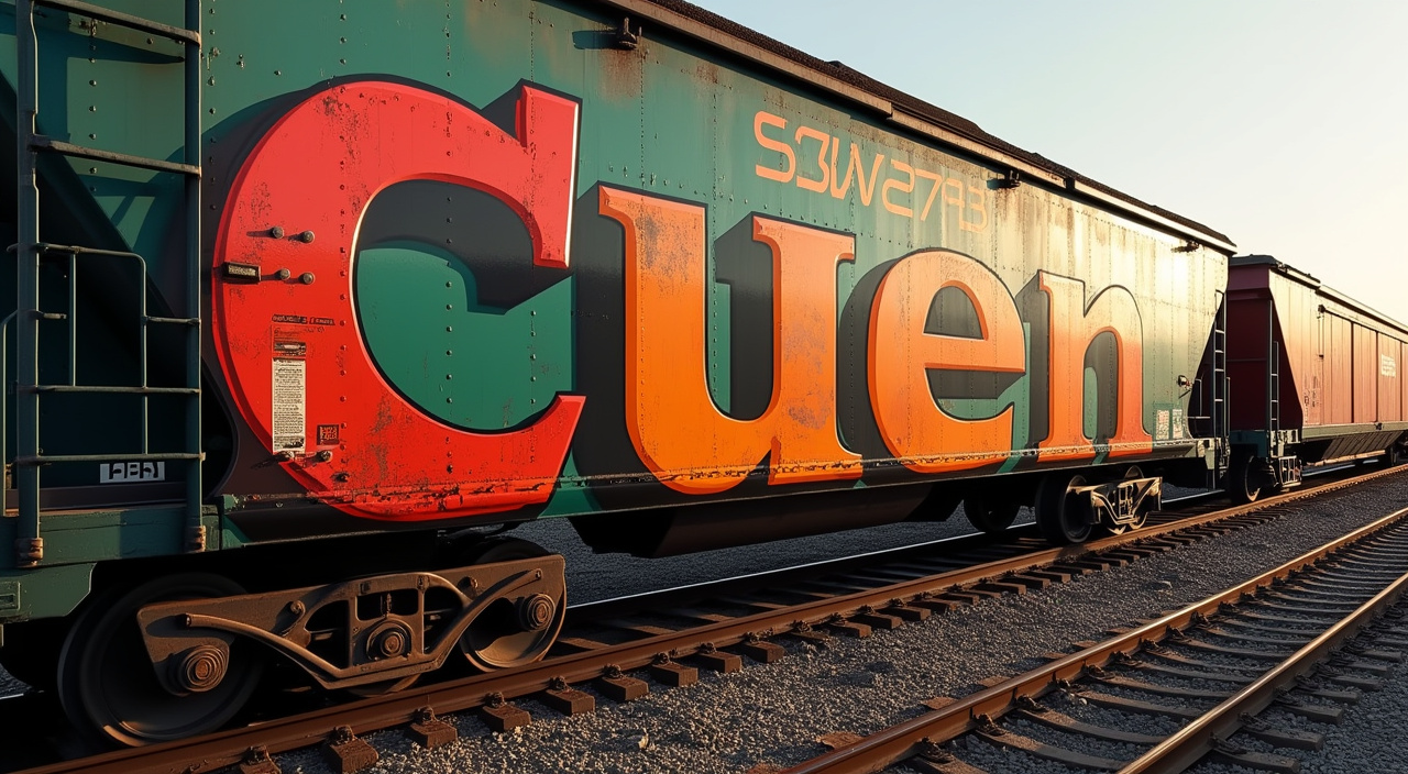 AI generated image by FLUX.1-pro: Crear una imagen vista frontal panoramica de un vagón de tren de carga de carros con una textura realista de óxido cubriendo la superficie. El vagón es parte de un tren más grande, visible en el lado derecho, bajo la luz brillante del día. En el lateral del vagón, hay un graffiti que dice ‘Cuen’ en letras goticas modernas grandes y audaces con un efecto 3D. Las letras son principalmente en matte colors 
 tonos de rojo oscuro a naranja fluorecente y verde con reflejos blancos que les dan un aspecto contrastante Los bordes de las letras tienen contornos oscuros para resaltar el efecto 3D contra el fondo oxidado. Encima del graffiti, en letras más pequeñas, están los caracteres ‘SSW 62723’ alineados al borde izquierdo del vagón. Las ruedas y los detalles del chasis son visibles y deben representarse con proporciones precisas en relación con el resto del vagón
