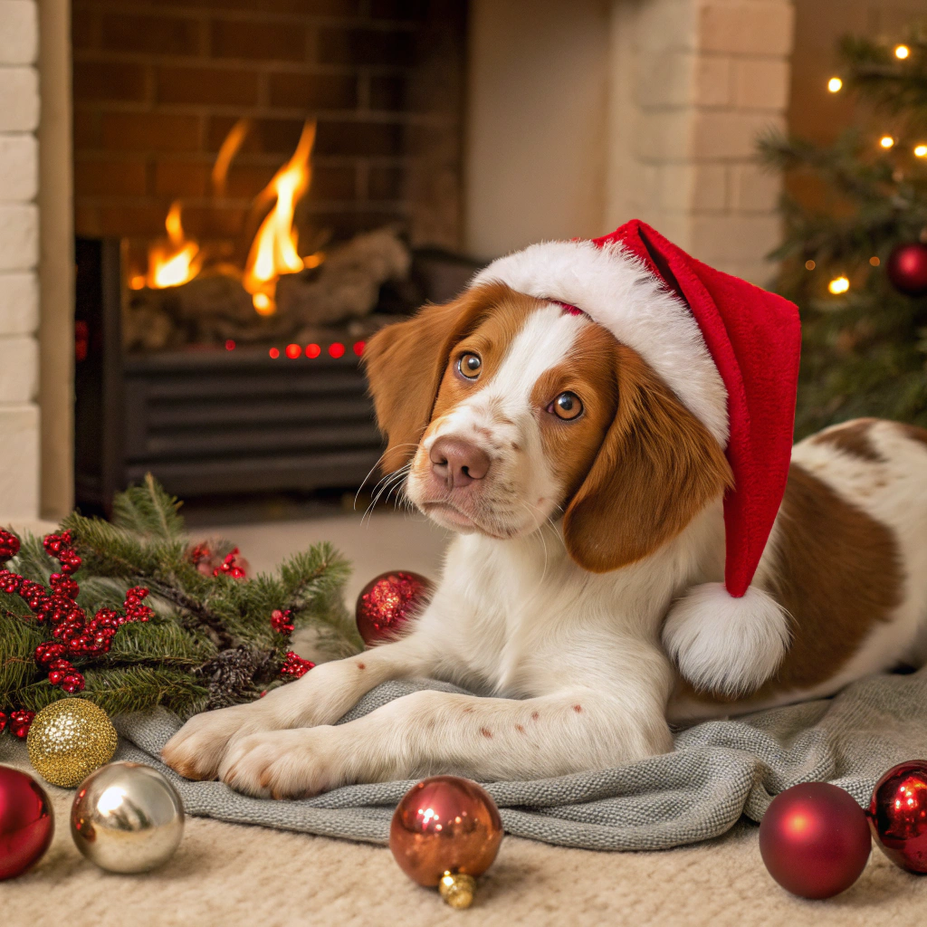 AI generated image by Red Panda AI: Create a photorealistic image of a brown and white brittany puppy (light tan nose and eyes, slender nose) lying down in front of a roaring fire in a fireplace. Christmas decor. Dog has pleasant expression and is wearing a santa hat.