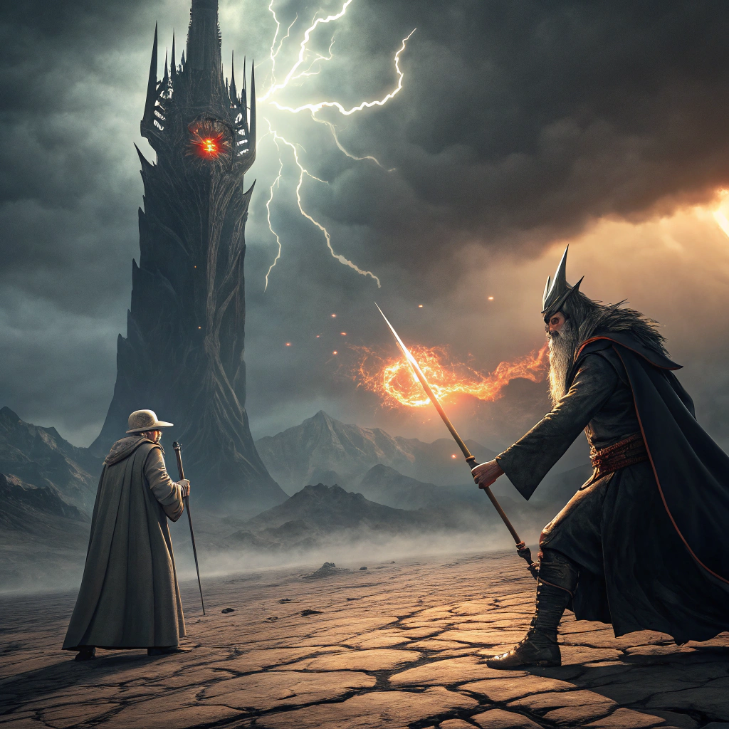 AI generated image by FLUX.1-schnell: realistic image 8k cinematic sauron vs gandalf