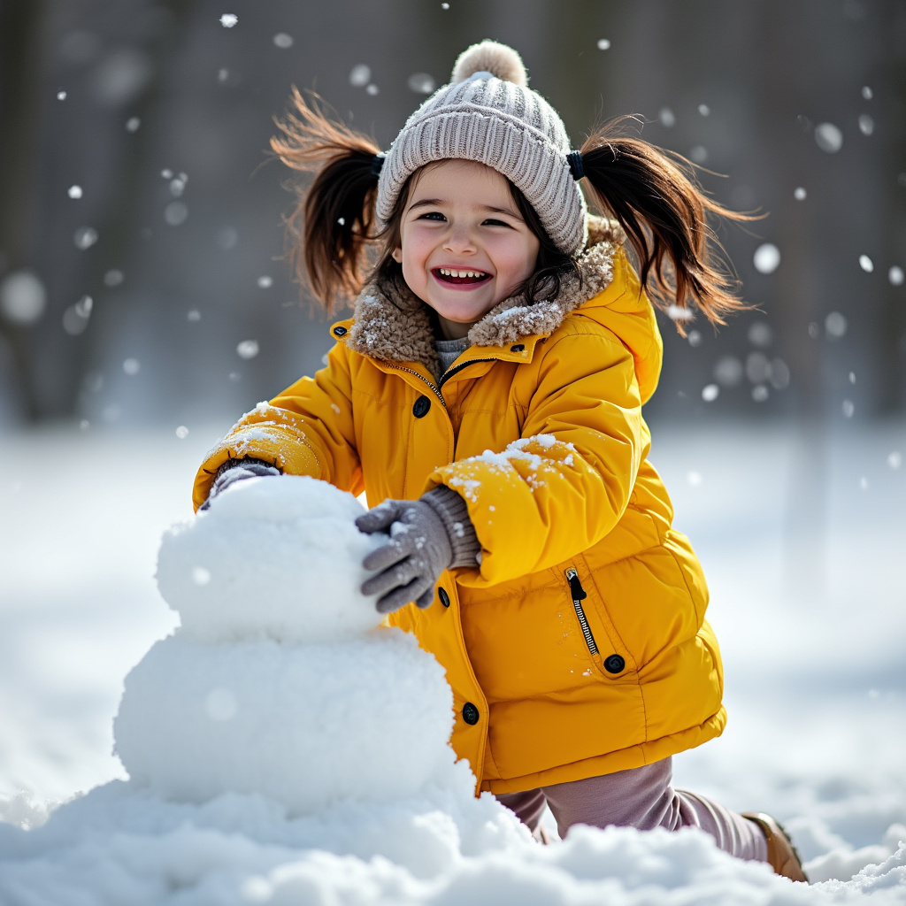 AI generated image by FLUX.1-pro: A little girl playing in the snow wearing a yellow puffy coat, fun, cute, pigtails, dark hair, snow man, laughing