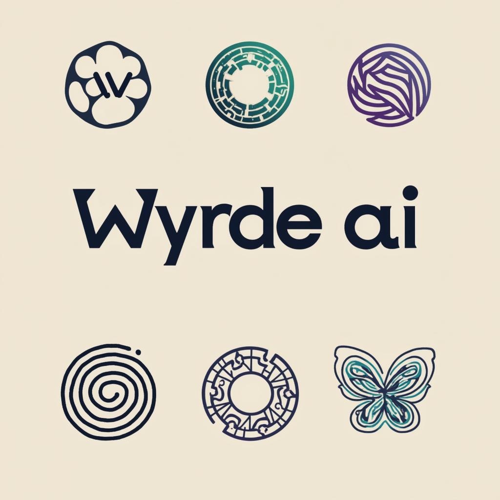 AI generated image by FLUX.1-pro: Generate 8 crisp, horizontal SVG logo variants for the brand “Wyrde ai”.

Layout requirements
• Create a LEFT-ALIGNED ICON + RIGHT-ALIGNED WORDMARK lock-up.  
• Keep total width ≈ 2.5–3× the icon’s width so the mark feels balanced, like “teaims” or “fundlo”.  
• Vertically center icon and text on the same baseline; no stacking.

Mandatory icon elements
• Core shape: a minimal, geometric “W” derived from the Web-of-Wyrd rune.  
• Neural-network motif: 5–9 circular nodes linked by straight or gently curved edges that weave through or overlay the rune.

Wordmark
• Text: “Wyrde ai” (exact case) in a rounded, modern, geometric sans (think Inter, Poppins, or the fonts in your reference).  
• Weight: medium-bold.  
• Colour: solid charcoal #15191C. No gradients on the text.  
• Kerning: relaxed—leave breathing space like “Kaypee” and “fundlo”.

Philosophical themes – create TWO variants per theme (8 total)
1. **Perthro-Ouroboros** — W-rune inside a single-stroke snake circle (chance, fate, eternity).  
2. **Web of Wyrd + woven torus** — lattice wrapped in a spirograph-style loop (destiny weave).  
3. **Golden-ratio spiral** — minimalist coil (no snake) around the lattice (self-similar growth).  
4. **Lorenz attractor loop** — chaos-theory butterfly framing the lattice inside an open circle.

Stylistic guidelines
• Overall vibe: sleek, tech-forward, Scandinavian minimalism.  
• Stroke weight (icon): 1.5 px – 3 px.  
• Geometry: keep the rune lines at 45°/90°; use smooth curves only for spiral/torus/snake/attractor.  
• Icon colour: single-stroke gradient **cyan #18D7FF → violet #9F3BFF** (match reference vibe).  
• Node circles: filled with the start or end colour of the gradient; try alternating filled vs. stroked nodes on one variant per theme.  
• Background: white (#FFFFFF). Plenty of whitespace around the lock-up; no bounding boxes or drop shadows.

Variant-specific notes
• **Perthro-Ouroboros:** make at least one version where the snake’s head subtly overlaps its tail.  
• **Woven torus:** do one variant where the lattice threads over-under the torus.  
• **Golden-ratio:** tighten the outermost arc in one version so it nearly kisses the text baseline.  
• **Lorenz:** break the attractor loop at the lowest point in one variant to suggest “open flow”.

Export specs
• Export each logo as an individual **SVG** file on a 1024 × 1024 px artboard with transparent background.  
• Group icon and wordmark so they’re easily separable in vector software.  
• Name files: `wyrdeai_[theme]_[v1-v8].svg`.
