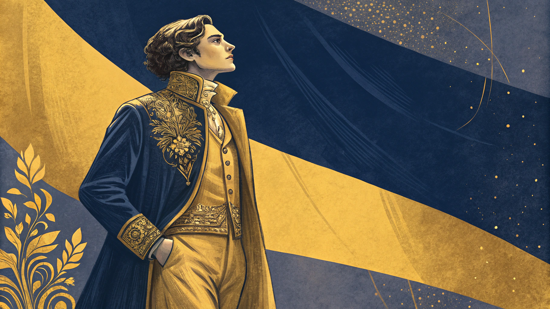 AI generated image by Red Panda AI: An imagine with a character and the predominant  colours are navy blue and gold 