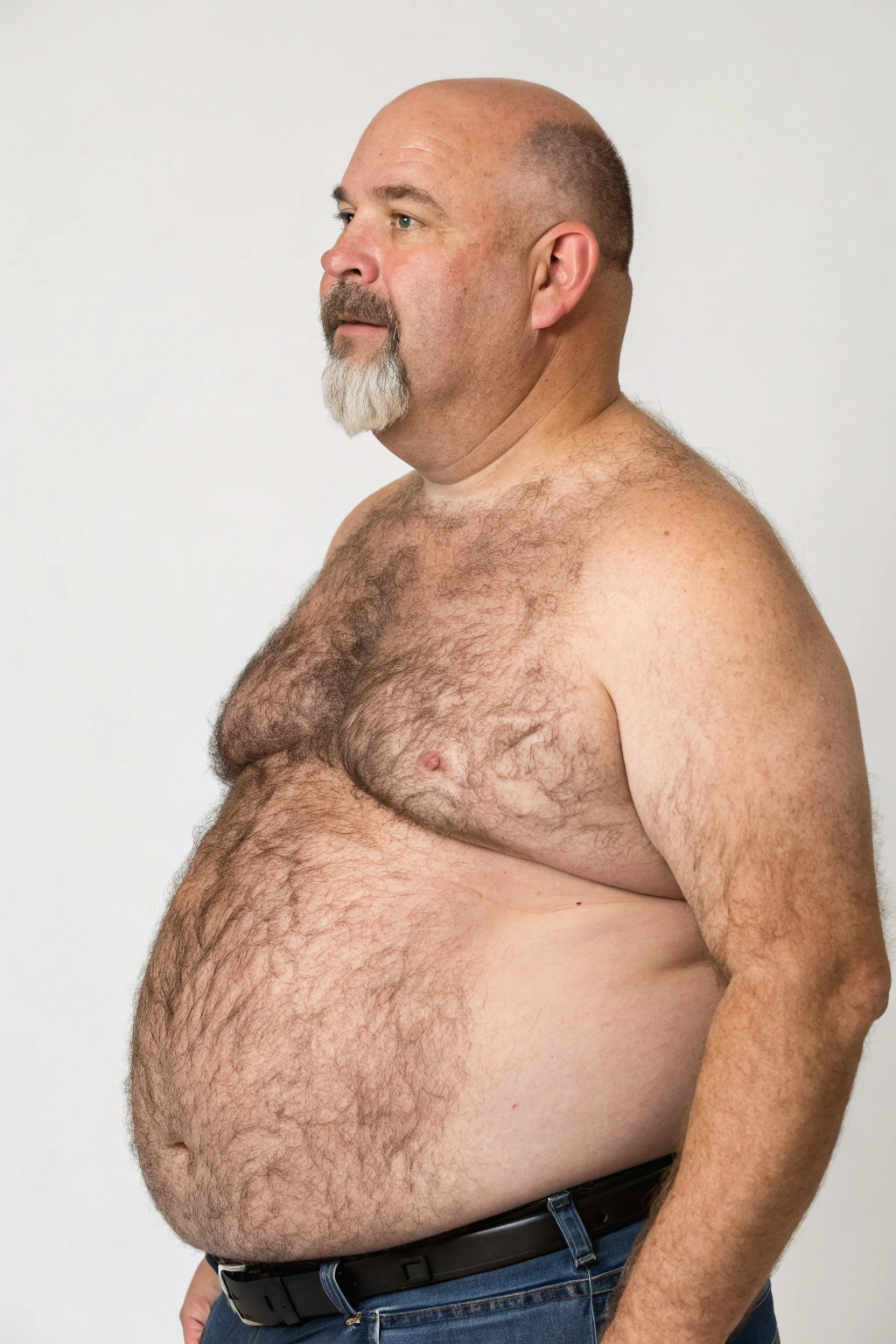 AI generated image by Red Panda AI: a studio photo of a slightly overweight 50 year old hirsute man. Man has heavy amount of body hair, hairy chest pattern, expanding his bloated heavy bearded-belly, bald head, white goatee
