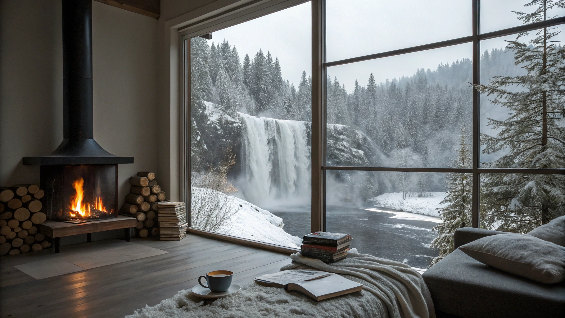 AI generated image by Red Panda AI: A cozy interior space with a large window view. Outside the window, a majestic winter landscape with a waterfall surrounded by snow-covered trees. Inside, a warm and inviting fireplace crackles, casting a soft glow that contrasts with the cold scene outside. The room is filled with comfortable minimal furniture, soft blankets, and cushions, creating a relaxing atmosphere. The light from the fire mixes with the natural light from the window, enhancing the cozy and serene feeling. Subtle details like a steaming cup of tea or a stack of books add to the sense of warmth and tranquility. The entire scene should evoke a sense of comfort and peacefulness, perfect for enjoying the winter scenery 