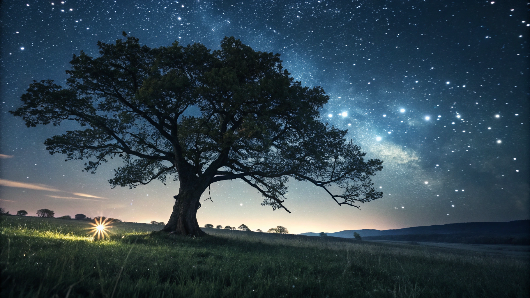 AI generated image by Red Panda AI: un arbol grande , que tenga ojos en su tronco, que este solo en un campo oscuro con cesped, en una noche llena de estrellas