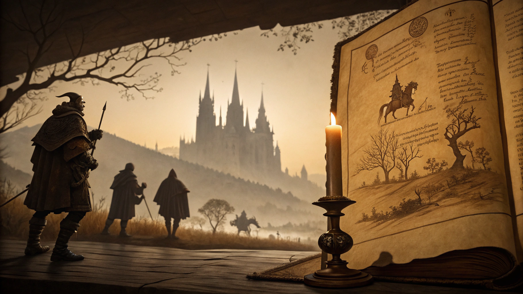 AI generated image by Red Panda AI: A digital painting in the style of medieval manuscript illumination, featuring a decorated background with aged parchment texture, faint silhouettes of medieval warriors and Gothic cathedrals in the distance, soft glowing light as if illuminated by a candle, dramatic shadows, highly detailed and ornate atmosphere, dark yet spiritual, cinematic and epic composition, perfect as a background for medieval text.