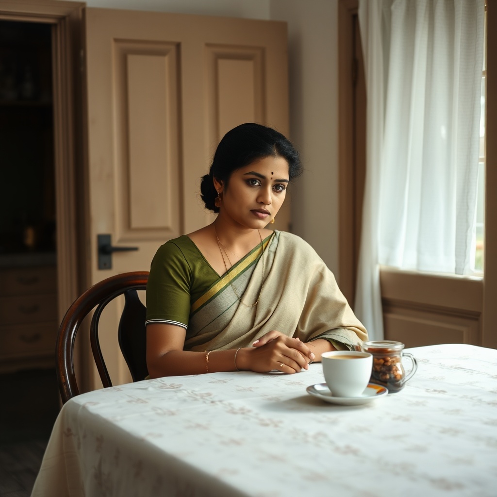 AI generated image by FLUX.1-schnell: A 30-year-old Tamil woman sits alone at the dining table, sipping a cup of coffee, lost in thoughts. She is beautiful, good-looking, sad, unhappy, womanly, in an old beige linen saree with olive blouse, black hair tied in low bun. an old French-style rustic kitchen, beige door and window, and white curtain, bokeh style, high-quality photo, cinematography