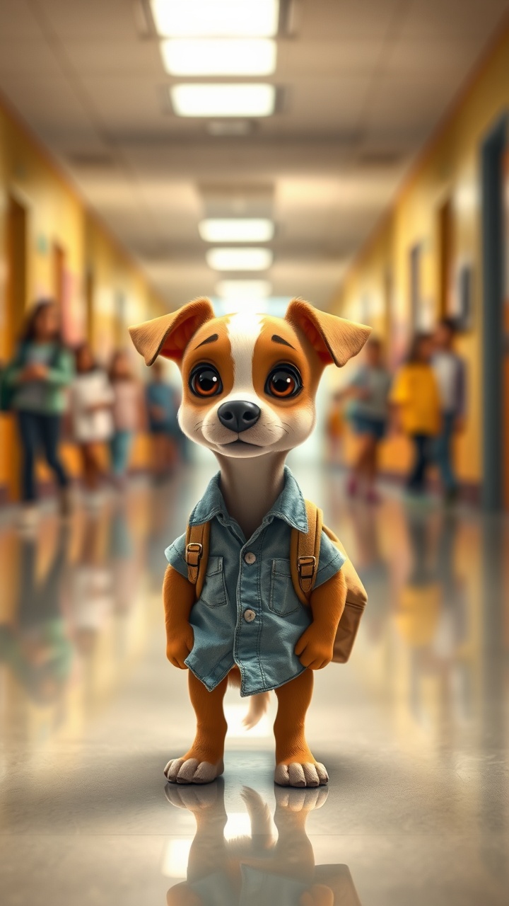 AI generated image by FLUX.1-schnell: A small, cartoonish dog stands confidently in a brightly lit school hallway, dressed in a tattered shirt and carrying a miniature backpack that hints at its school-day adventure. The dog’s expressive eyes and slightly tilted head convey a mix of curiosity and determination, drawing the viewer's attention instantly. Behind it, blurred figures of children and adults bustle about, suggesting a lively and engaging environment filled with activity and youthful energy. The polished floor reflects the overhead lights, creating a vibrant atmosphere that contrasts playfully with the dog’s rugged outfit, adding to the whimsical charm of the scene. This blend of innocence and mischief encapsulates a heartwarming narrative, suggesting that even the smallest among us can embark on grand adventures in everyday settings.