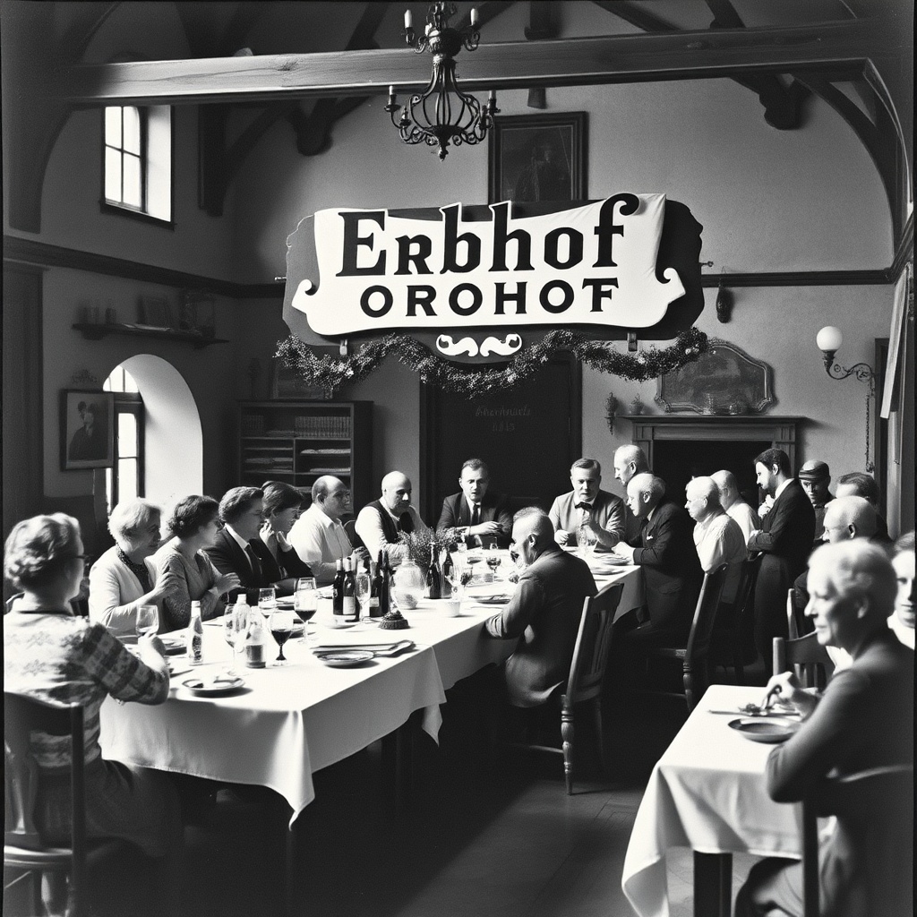 AI generated image by FLUX.1-schnell: Jahreshauptversammlung eines Vereins um 1900 einer Gaststätte namens "Erbhof", witzig, kreativ, ironisch
