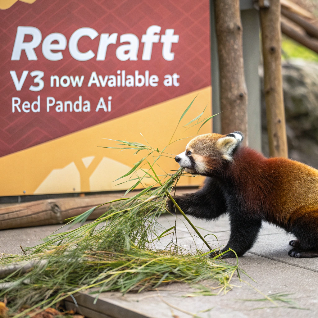 AI generated image by Red Panda AI: a red panda eating a bamboo in front of a poster that says "recraft V3 now available at red panda ai