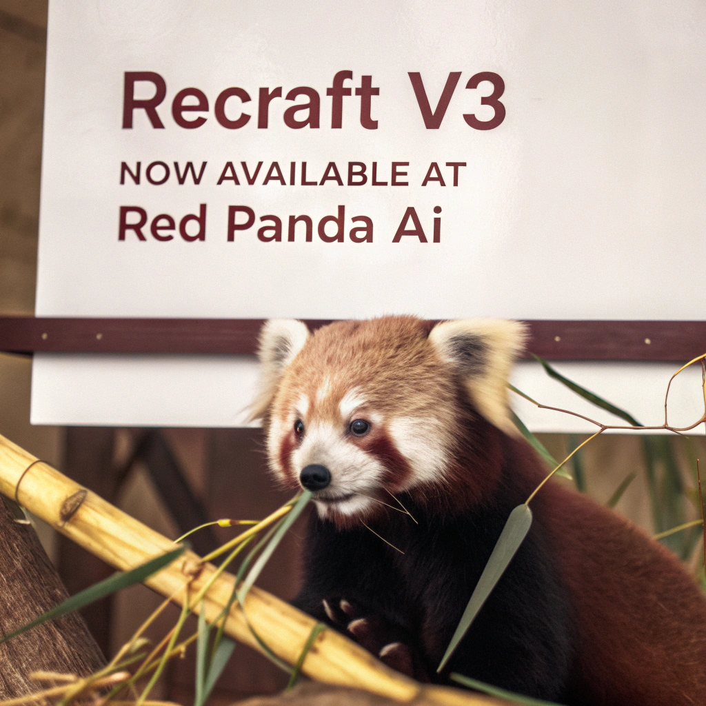 AI generated image by Red Panda AI: a red panda eating a bamboo in front of a poster that says "recraft V3 now available at red panda ai