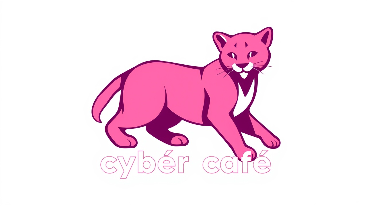 AI generated image by FLUX.1-schnell: logo para mi cyber café que contenga una pantera de color flúor rosada y dentro del logo que diga cybercharrua