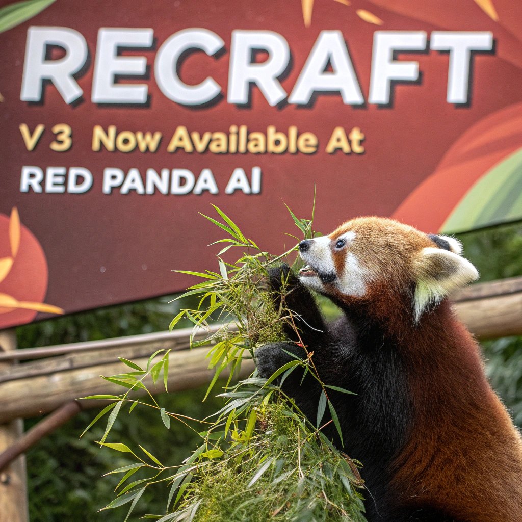 AI generated image by Red Panda AI: a red panda eating a bamboo in front of a poster that says "recraft V3 now available at red panda ai