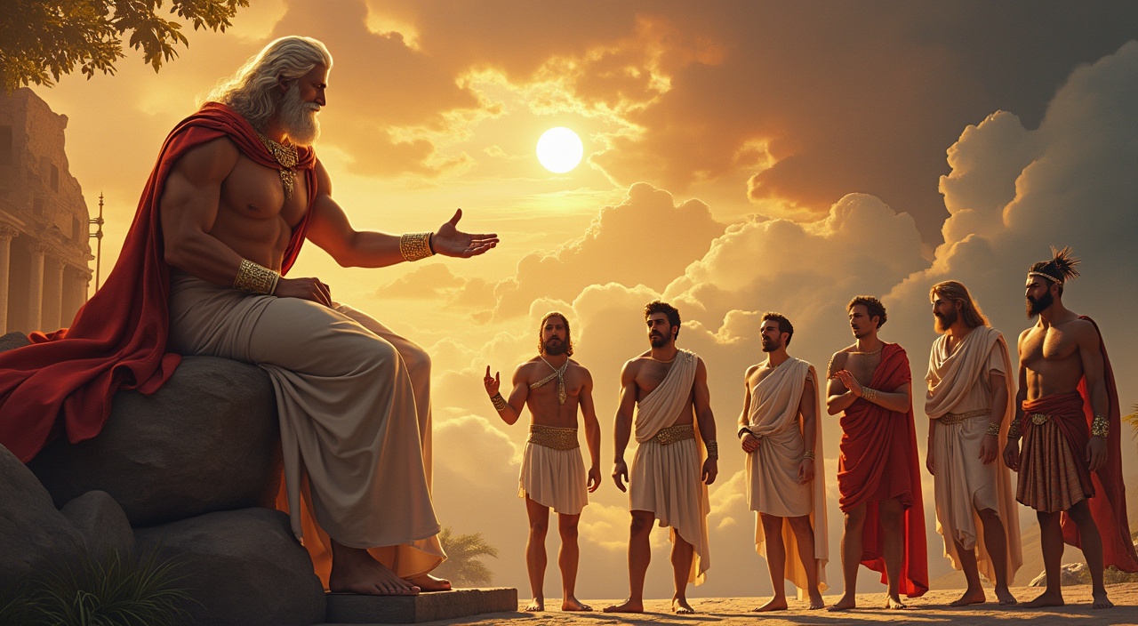 AI generated image by FLUX.1-pro: Zeus (Dios del Trueno y Rey del Olimpo) conversando en el Olimpo con el resto de dioses