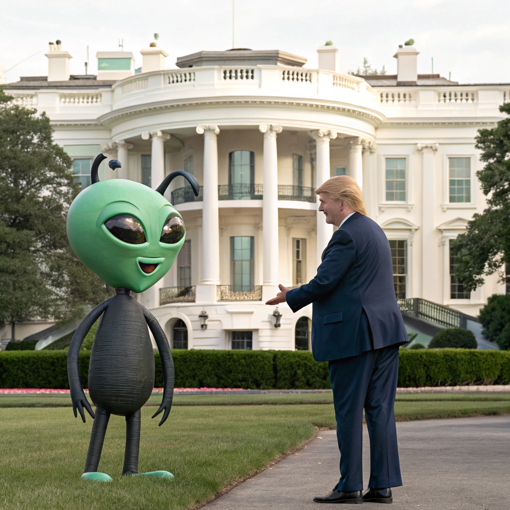 AI generated image by Red Panda AI: An alien greeting Donald Trump in front of the White House