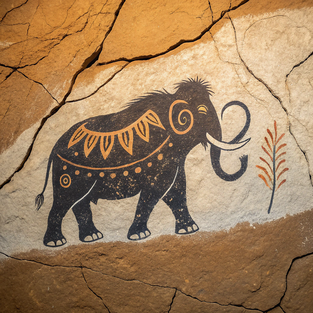AI generated image by Red Panda AI: "I would like a design inspired by Paleolithic cave art, similar to the mammoth paintings found in the Rouffignac Cave (around 13,000 years old). The design should feature a mammoth depicted in a simple, primitive style with earthy tones like black, brown, and ochre. Additionally, incorporate the text 'ruido.ai' in a way that blends ancient and modern aesthetics—think of letters that look engraved or painted in a cave art style but with a contemporary twist. The background should resemble a rough cave wall texture to give it an authentic prehistoric feel. This design will be used for [specify purpose: logo, poster, etc.]. Let me know if you need further details!"
