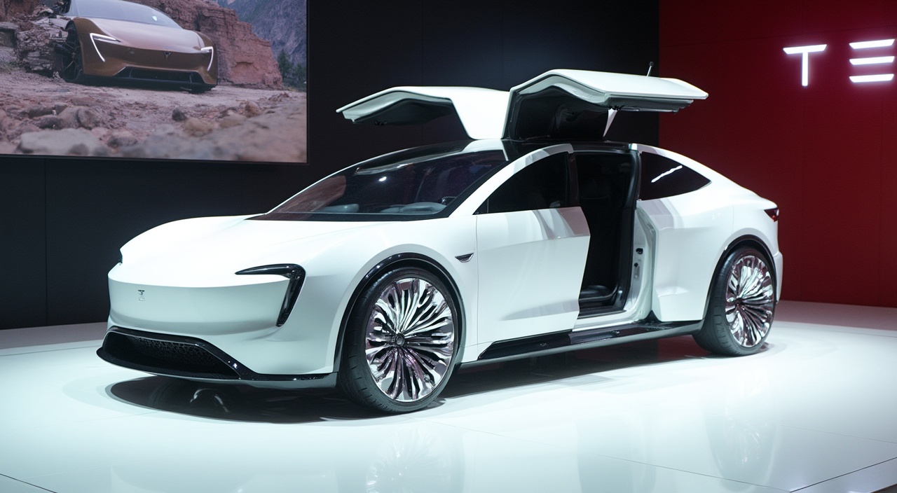 AI generated image by FLUX-Realism-Lora: FRONT look bat-wing doors opened upward half profile FRONT look bat-wing doors opened upward bat-wing doors opened upward half profile FRONT look A LARGE Very long, like the size of a bus. hyperrealistic 2050 SHINE MIRROR WHITE color bat-wing doors opened upward SUV CAR Tesla Model Y Long Range AWD by very Big truck wheels Hollow rims that have a star shape made of shiny silver steel in pearl shine MIRROR white Large "Tesla Model Y Long Range AWD" logo in FRONT, Large "Tesla Model Y Long Range AWD" text logo in big tv on wall, USA Flagpole in around car, extremely low to the ground with an aggressive stance. The car features dramatic bat-wing doors opened upward. Hollow rims that have a star shape made of shiny silver steel Massive 3-spoke polished silver wheels with ultra-thin sport tires. Wide, aggressive FRONT bumper and aerodynamic body kit. The car is displayed on a Autoshow by big windows, Large shine white glass mirror floor tiles, surrounded by other exotic cars. The scene is f…

