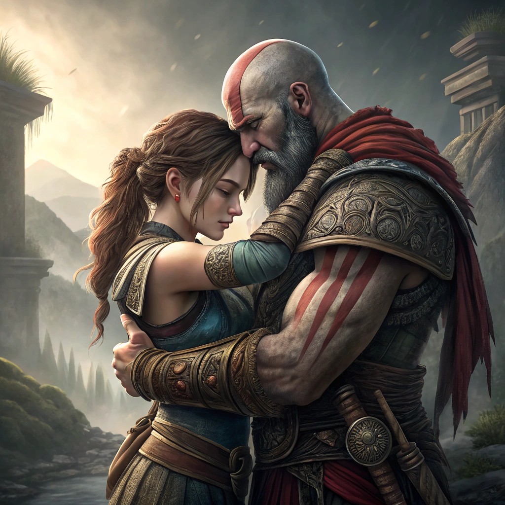 AI generated image by Red Panda AI: Lara Croft is hugging Kratos