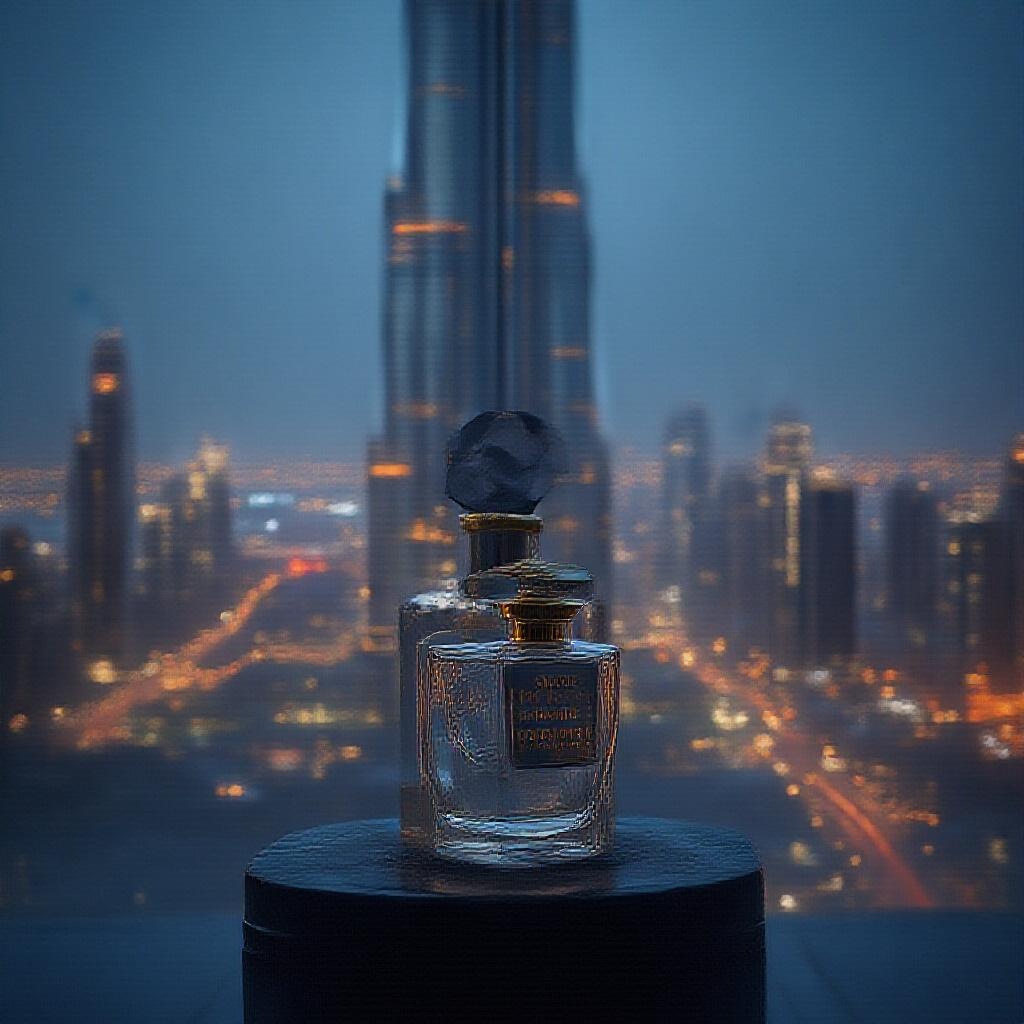 AI generated image by FLUX.1-pro: A premium perfume bottle standing boldly on a black marble pedestal, placed outdoors directly in front of the Burj Khalifa during twilight (early night). The scene is shot from a low-angle, looking slightly upward to capture both the bottle and the full height of the Burj Khalifa towering in the background. The city lights start to glow, and the building is fully illuminated with sharp clarity. The scene is dramatic and luxurious, with cool blue tones and subtle reflections on the bottle surface. The original bottle design, label, and text must be preserved with perfect clarity. The overall composition should be striking, elegant, and suitable for a luxury product advertisement.