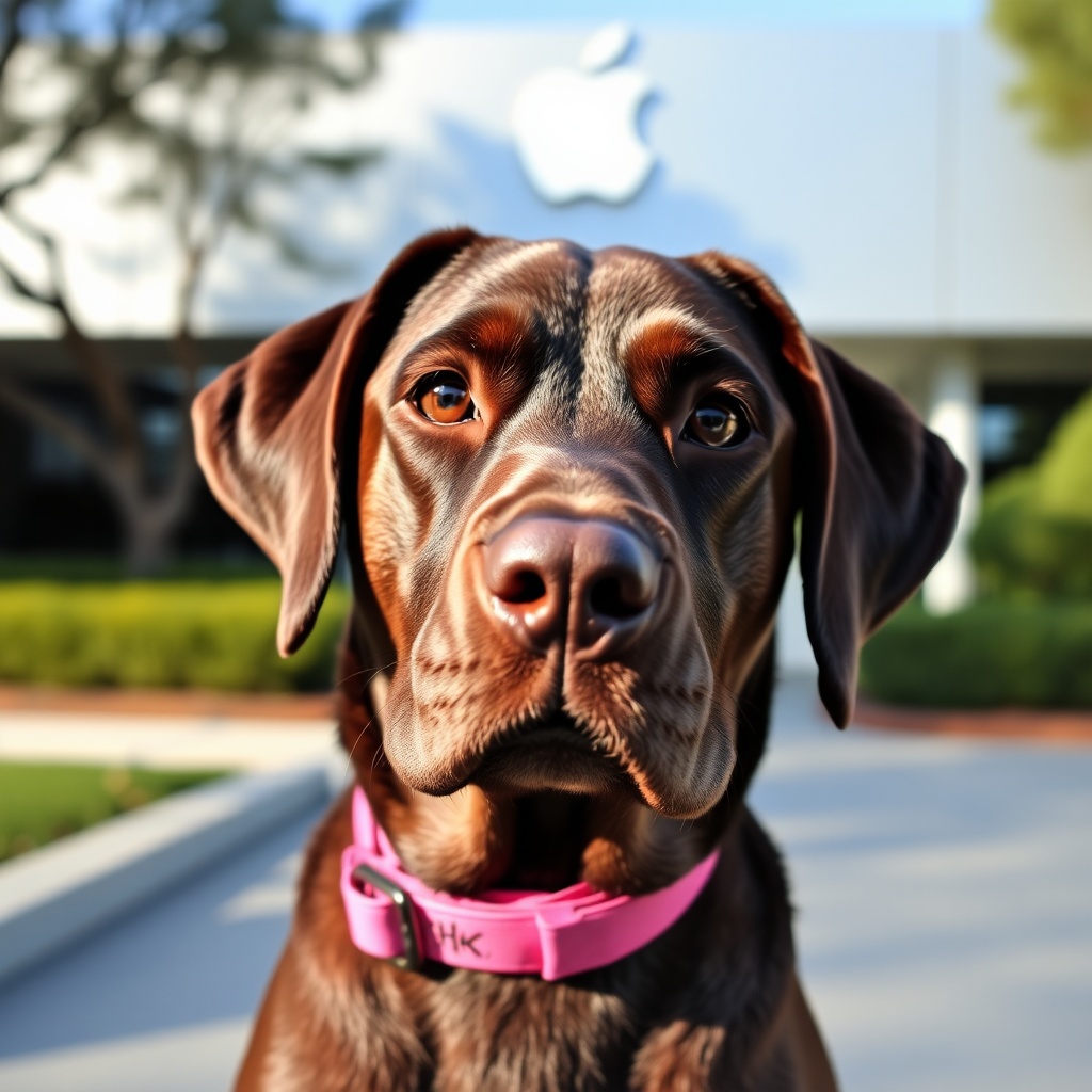 AI generated image by FLUX.1-schnell: A chocolate lab in front of ‎Apple Infinite Loop campus,  while looking with soulful eyes. The pink collar should have KoKo written over it.