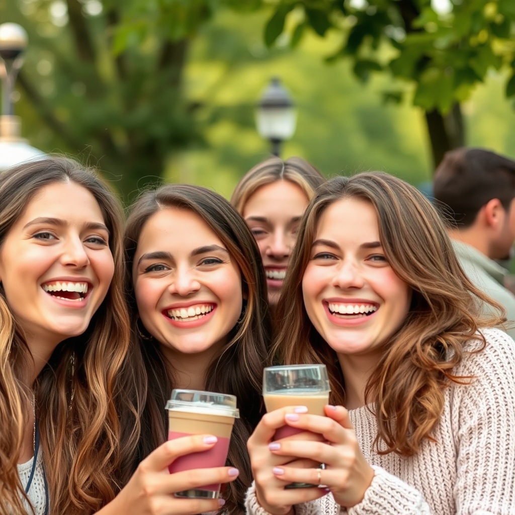 AI generated image by FLUX.1-schnell: mehrere junge frauen mit handys die lachen, das biuld ist zweigeteilz, links sehr hübsche und mit ki geschönte biulder, rechte seite häüssliche  fotos 
