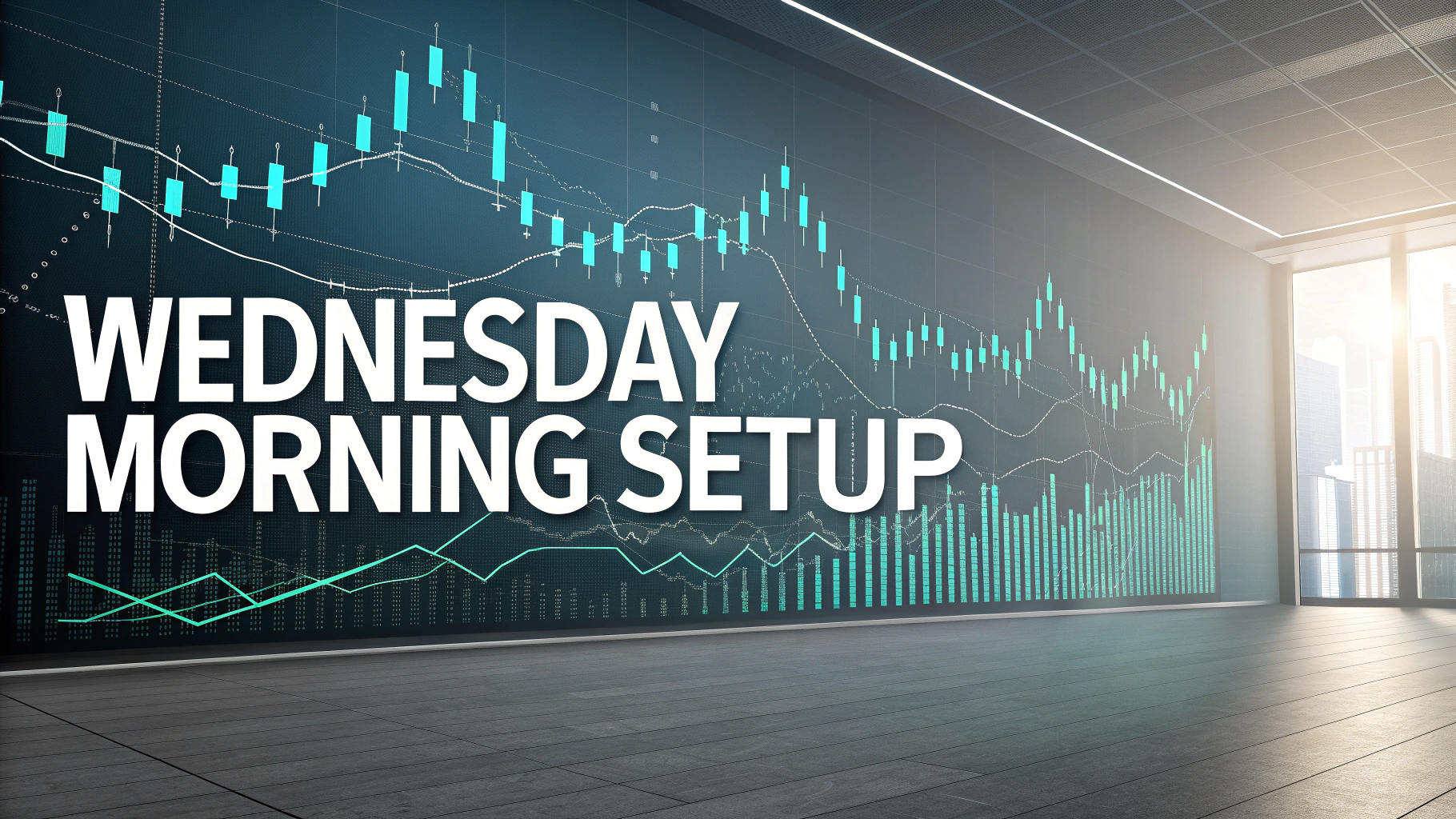 AI generated image by Red Panda AI: beautiful, abstract, minimalist, hd background, bold, strong text reads "Wednesday Morning Setup", futuristic, charts and graphs, stock market