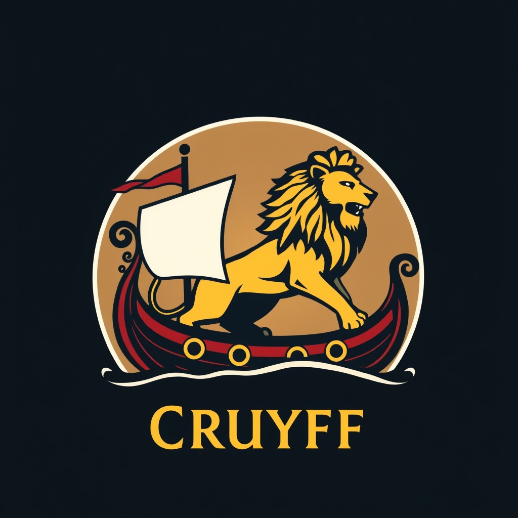AI generated image by FLUX.1-schnell: Un logo que tenga un leon y un barco, que no sea realista, que diga agencia Cruyff y que sea en negro y ambientado en la edad media. Un leon Que sea holandes, con daro imponente