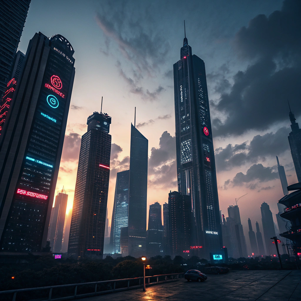 AI generated image by Red Panda AI: 
DSLR photorealistic Wide-angle shot from a distance, tall buildings with ominous shadows. Wide shot of a futuristic city skyline, corporate towers with clone symbols, dark and moody atmosphere, colorful cyberpunk vibe. Dynamic cinematic lightin
