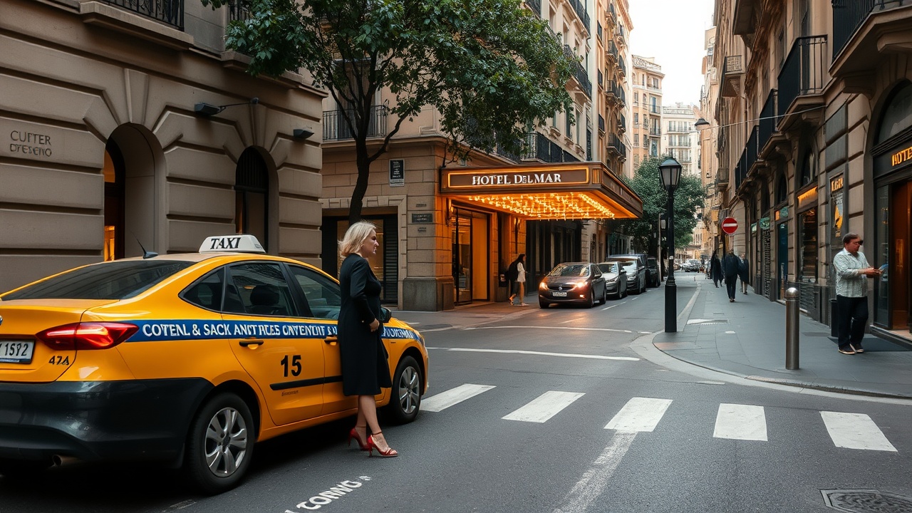 AI generated image by FLUX.1-schnell: crear imagen de una calle con un taxi de Barcelona aparcado frente a un hotel del que baja una señora elegante de unos cuarenta años y se queda frente al Hotel del Mar, mirándole de espaldas a la calle