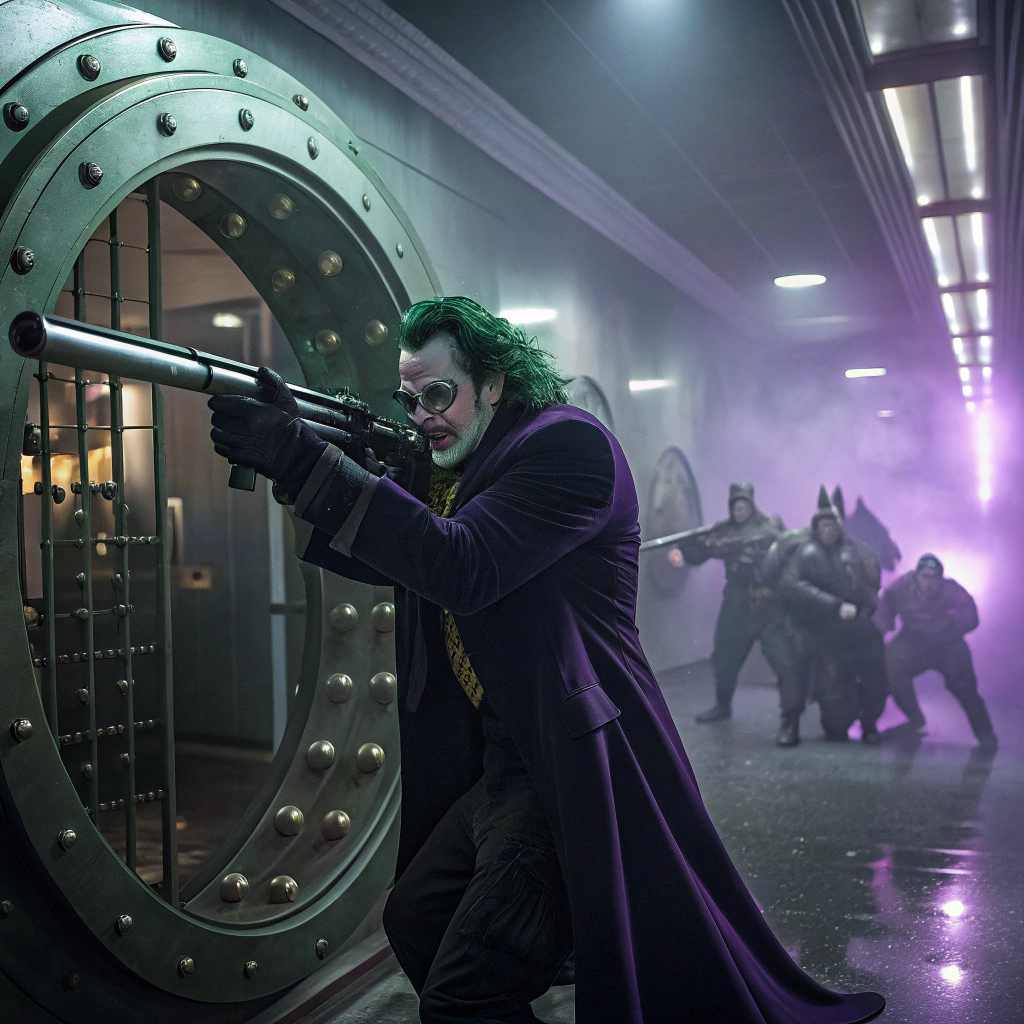 AI generated image by Red Panda AI: The Joker in a modern bank vault, holding a sleek surveillance drone and a long-barrel .38 revolver, chaotic bank heist scene, intense, menacing, calculated, Batman engaging with henchmen in background, cinematic action scene, dark neo-noir style, dramatic chiaroscuro lighting with green accents, cold metallic colors mixed with purple tones, Sony A7S III for low-light excellence, 24-70mm GM lens for dynamic range, wide establishing shot