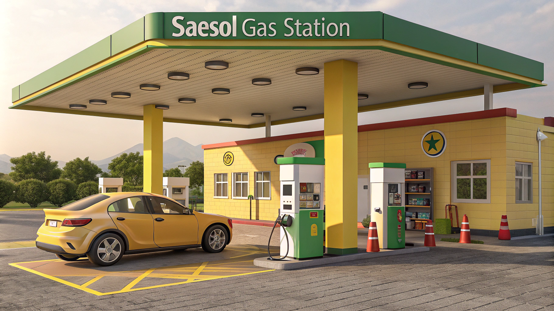 AI generated image by Red Panda AI: yellow gas station, big green signboard with text "Saesol gas station", three lubricators, one car is filling, Front shot