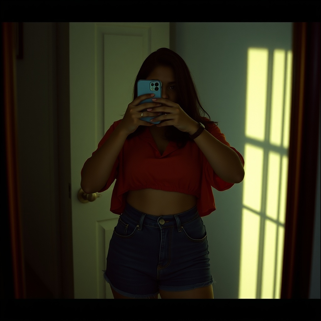 AI generated image by FLUX.1-schnell:  A young Indian woman in her 20s curvy build, takes a mirror selfie in a fully lit room, her face shrouded in shadows, with only a hint of her features visible. She wears a pair of low-waisted denim shorts and a cropped red shirt, accentuating her waistline. Inspired by the works of Gregory Crewdson, Nadav Kander, and Loretta Lux, with their expertise in cinematic lighting and atmospheric tension. Shot on 35mm film, with a vintage aesthetic, employing a V-Raptor XL camera, and incorporating a subtle film grain, vignette, and meticulous color grading, post-processing techniques to evoke a sense of depth and drama. The image is a masterful blend of realism and cinematic flair, exuding an epic, stunning, and dramatic quality, reminiscent of a live-action film still. 