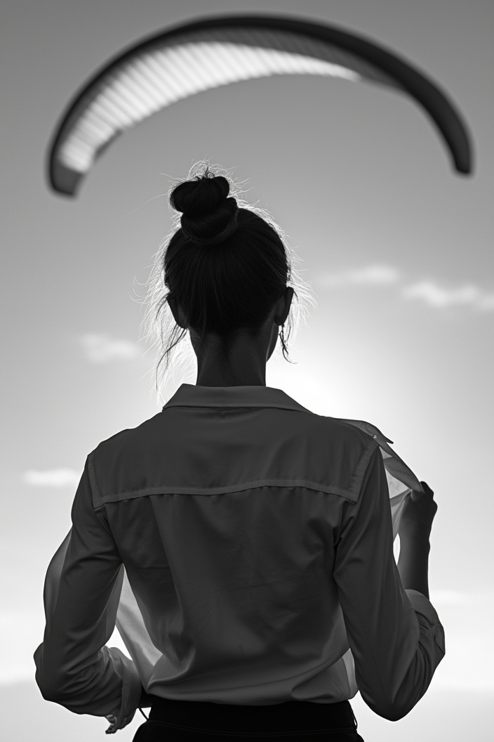 AI generated image by FLUX.1-pro: Black and white photo of a young woman from behind lifted her shirt to show her breasts to a paraglider flying overhead. Sky background. Backlight 