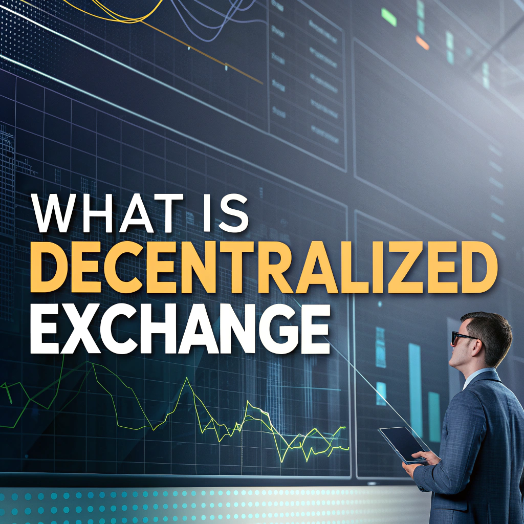 AI generated image by Red Panda AI: Futuristic banner for a blogpost, with de-fi Gray and scale colors and background of trading, exchange, investment, in a tech article style. Big title "What is Decentralized Exchange"