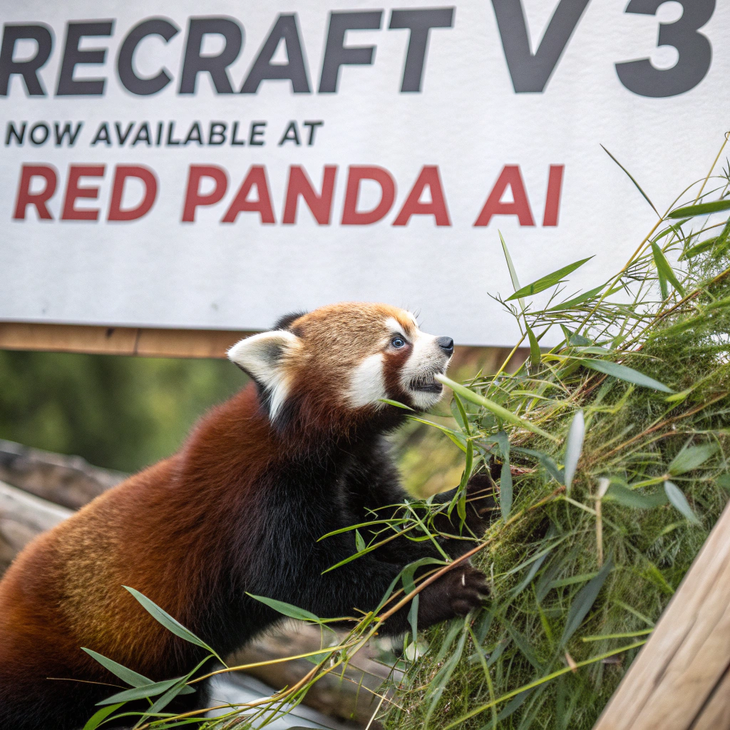 AI generated image by Red Panda AI: a red panda eating a bamboo in front of a poster that says "recraft V3 now available at red panda ai
