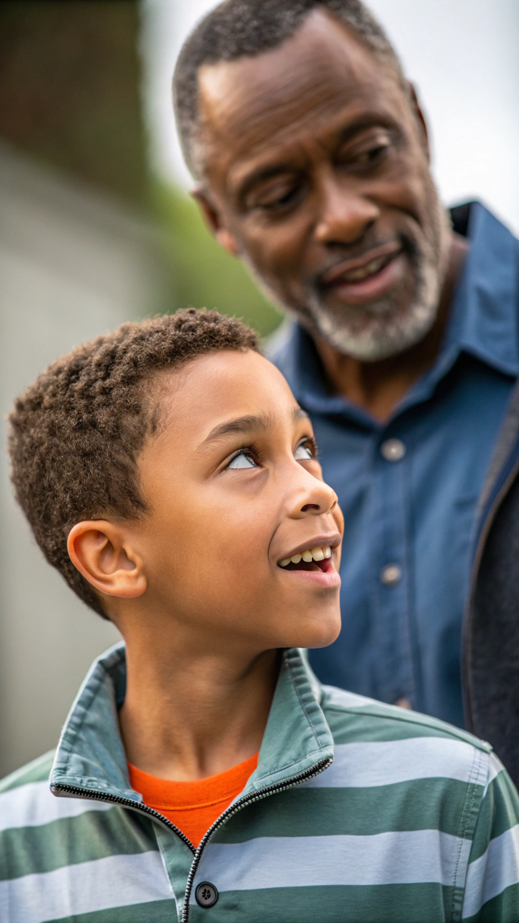 AI generated image by Red Panda AI: Close-up of an eight-year-old boy talking, in the background his 45-year-old father